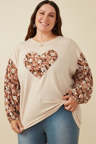 Botanical Contrast Heart Patch French Terry Top