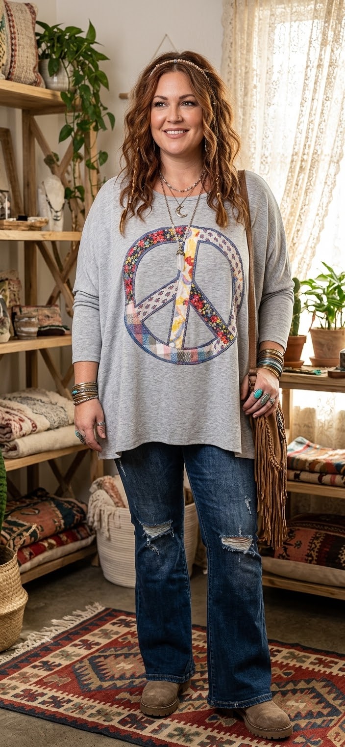 Boho Patchwork Peace Oversized Top
