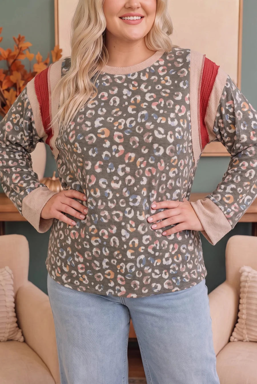 Olive leopard multi color color block top