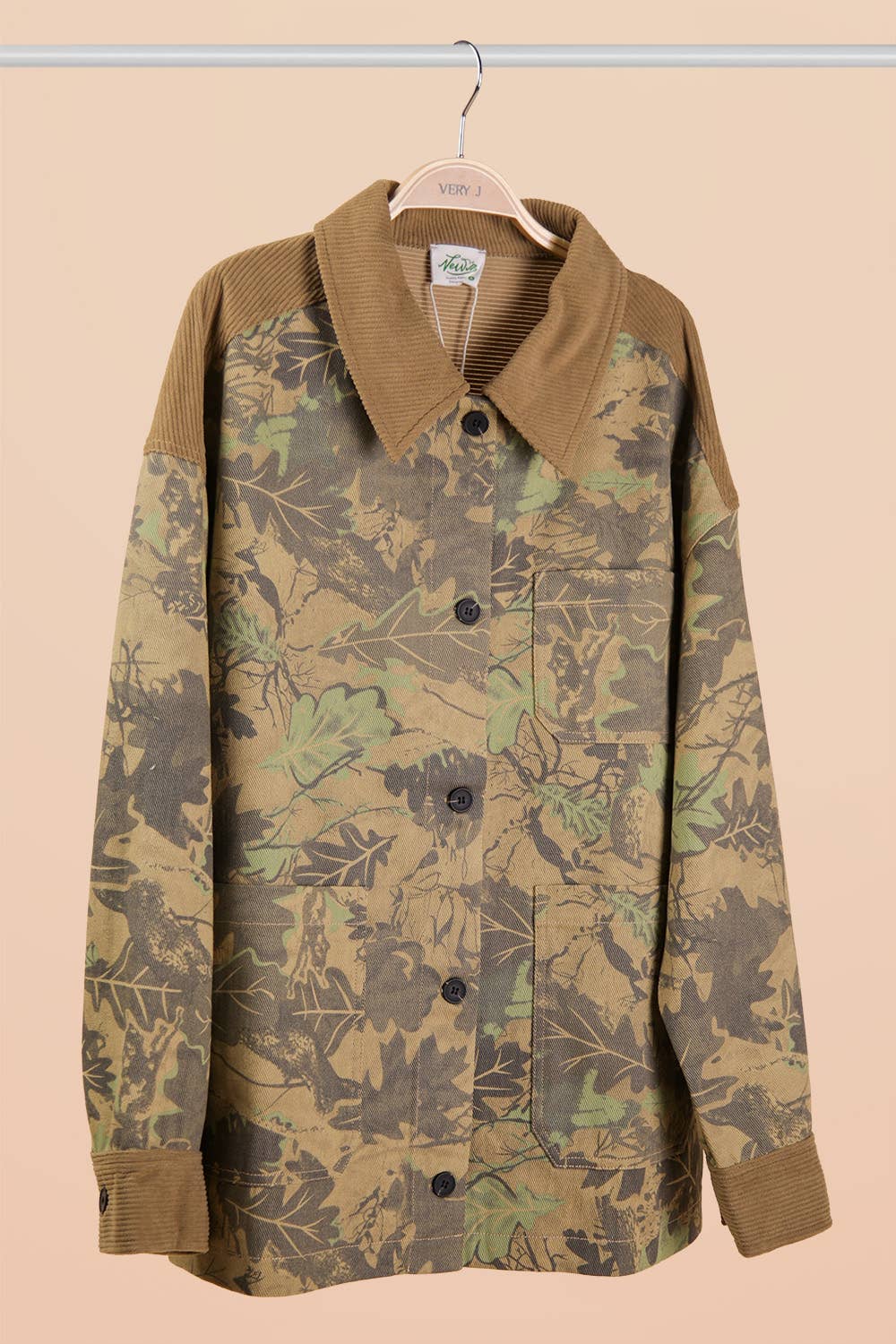 NJ90469X-PLUS SIZE Leaf Camouflage Casual Shacket Jacket