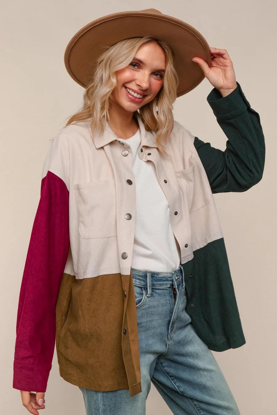 Color block soft snap corduroy shacket