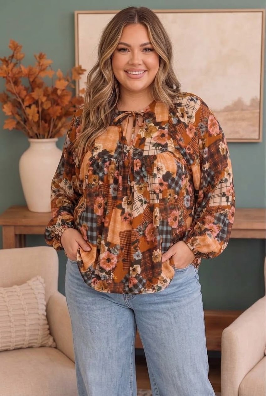 PLUS BURNT ORANGE FLORAL PATCHWORK TIE NECK BLOUSE