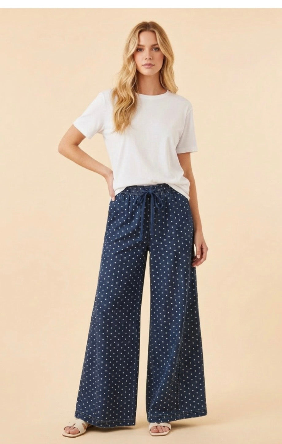 Wide leg polka dot denim