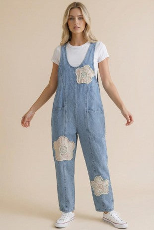 Plus Denim Barrel Leg Floral Patchwork