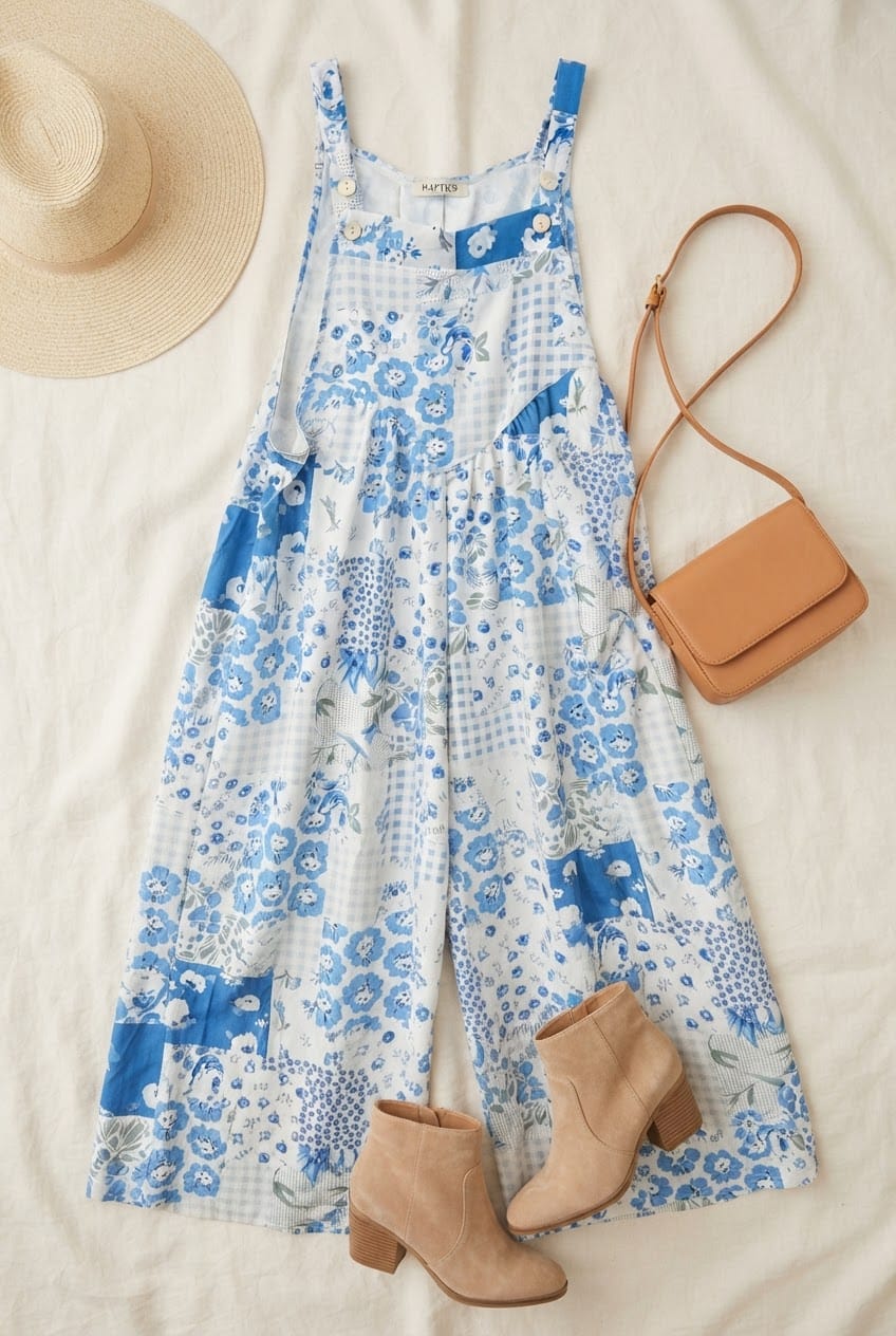 Boho print flowy overalls
