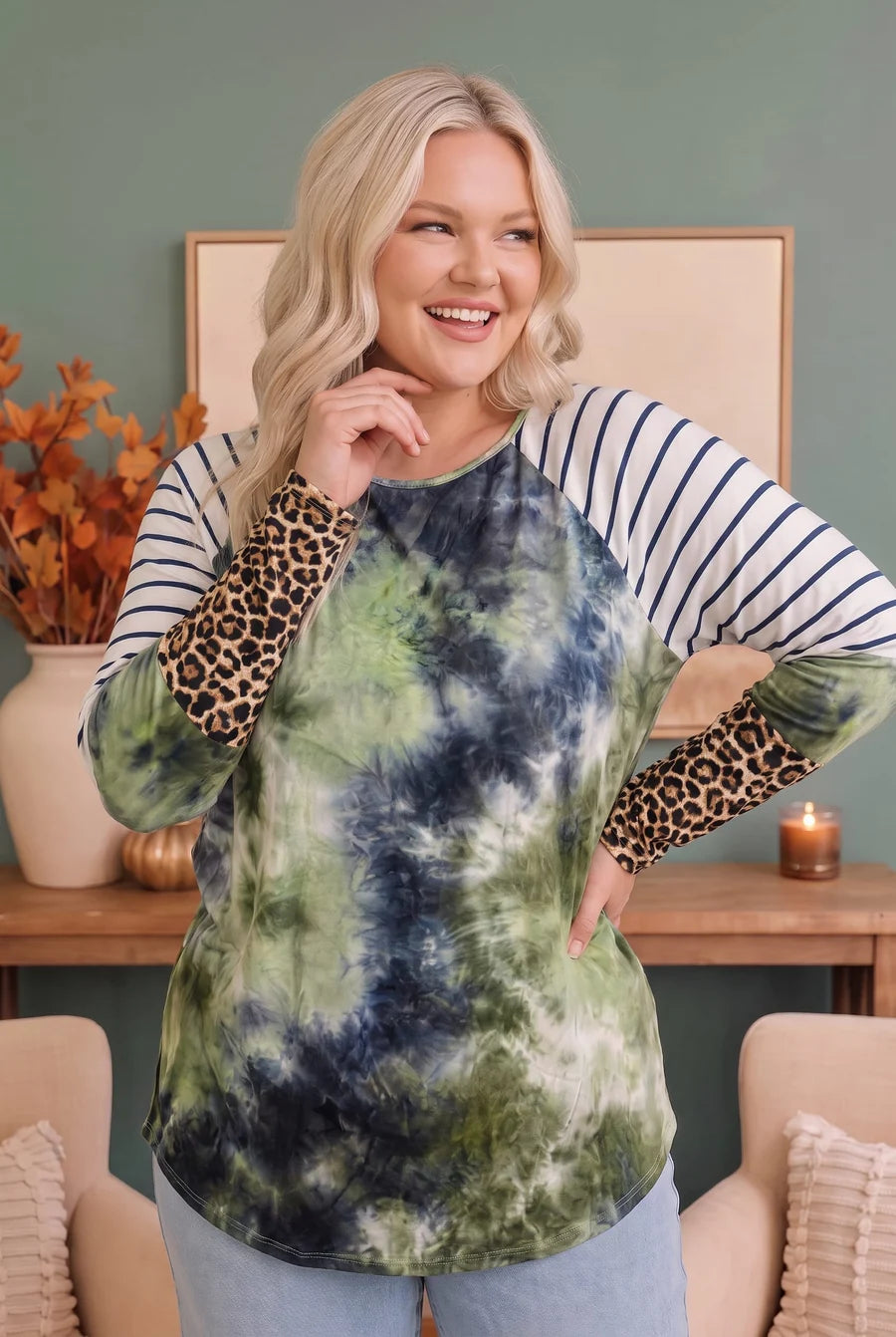 PLUS TIE DYE MIXED PRINT RAGLAN LONG SLEEVE TOP