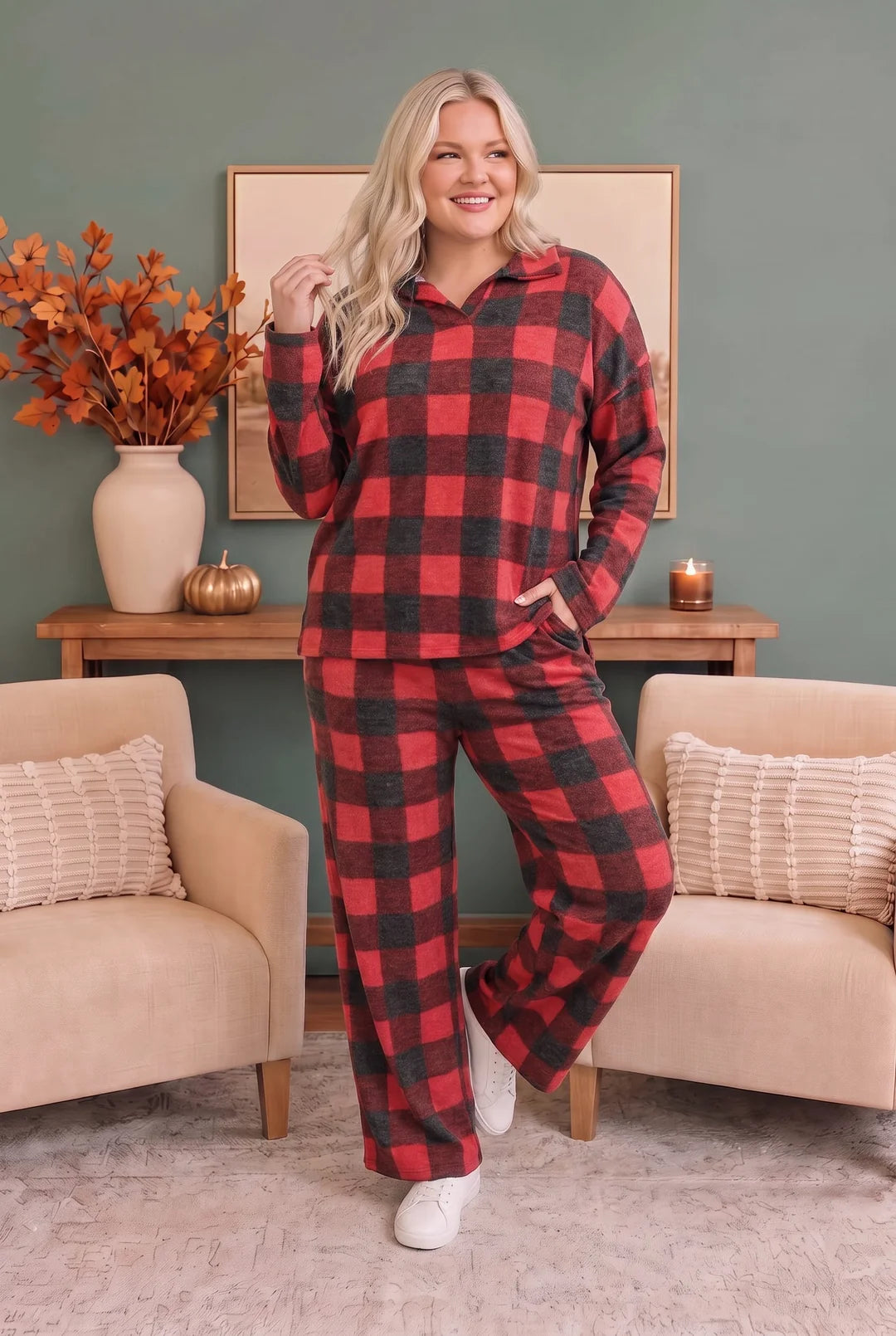 PLUS RED BLACK BUFFALO PLAID LOUNGE SET