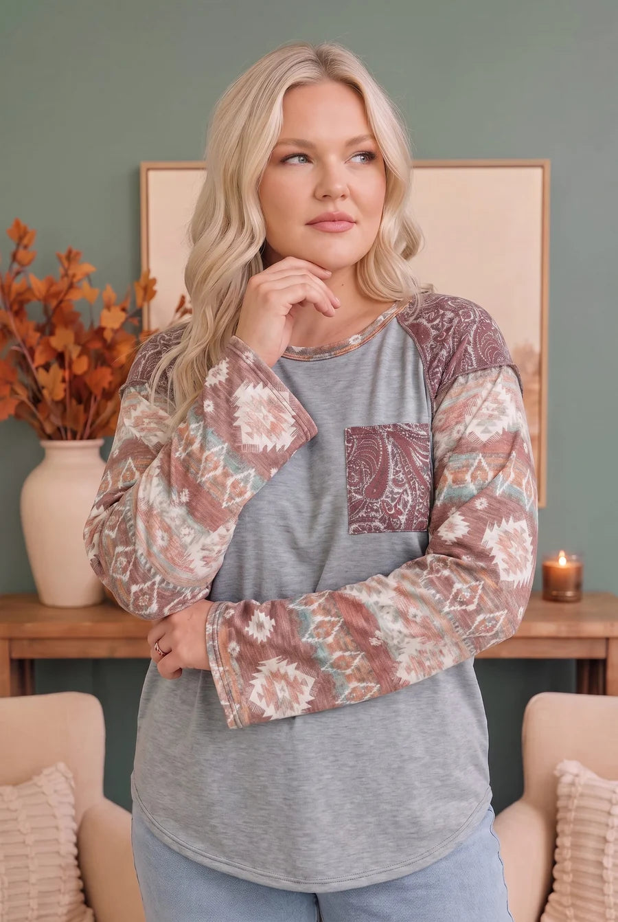 PLUS GREY AZTEC PRINT BELL SLEEVE TOP WITH PAISLEY POCKET