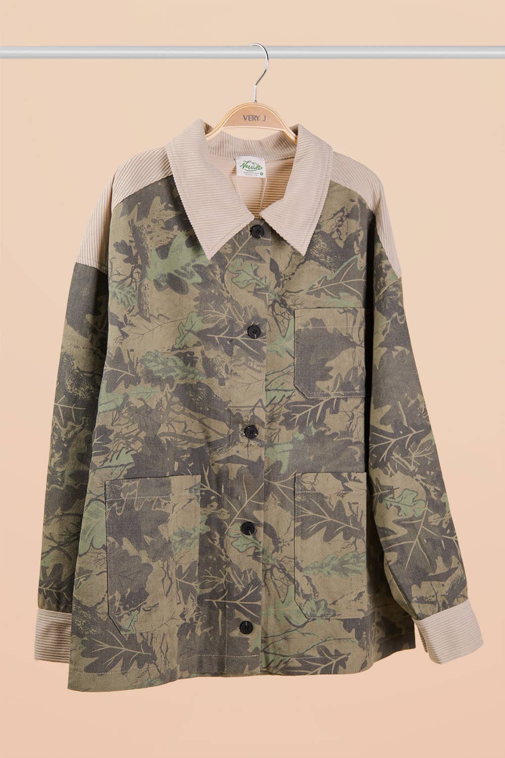 NJ90469X-PLUS SIZE Leaf Camouflage Casual Shacket Jacket